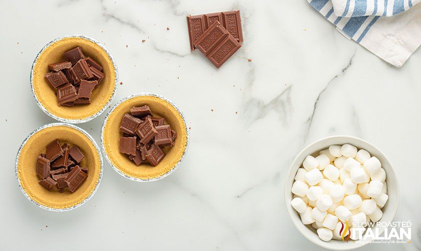 chopped chocolate bars in mini pie crusts