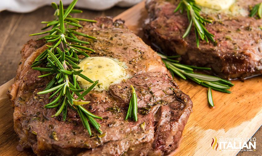 Air Fryer Steak Recipe with butter and rosemary on top