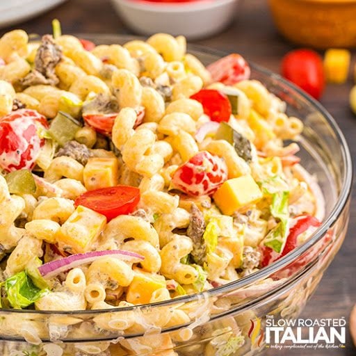 big mac pasta salad in glass bowl