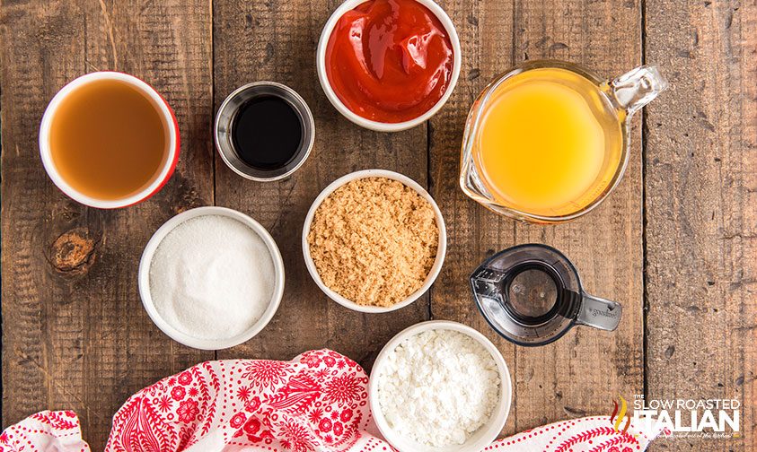 sweet and sour sauce recipe ingredients in small bowls on counter