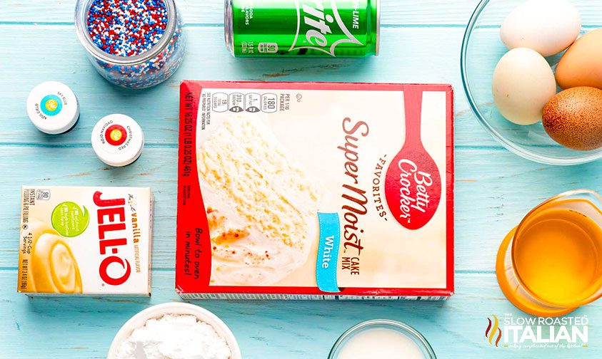 ingredients on blue background for box cake mix dessert