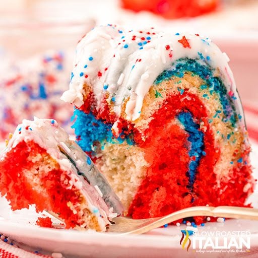 slice of red white and blue bundt cake
