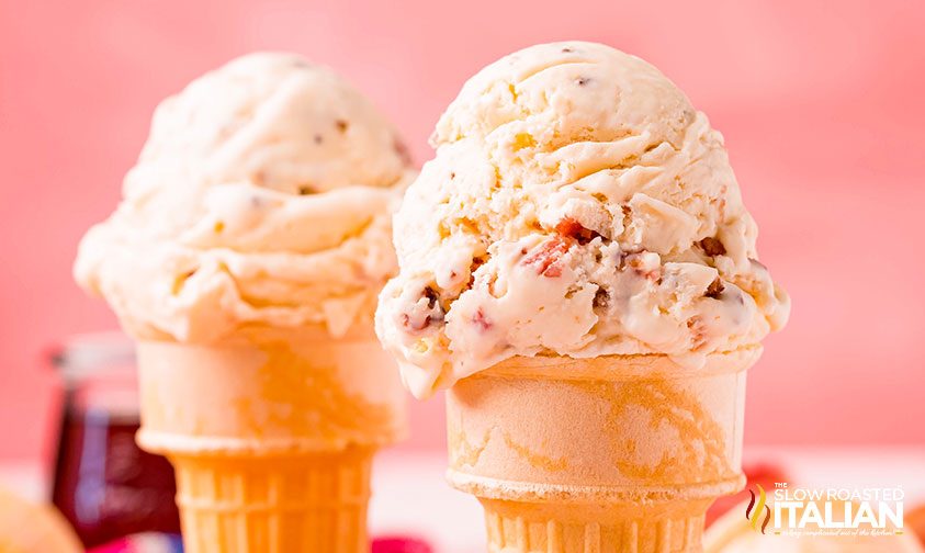 tow cones filled with No-Churn Maple Bacon Ice Cream