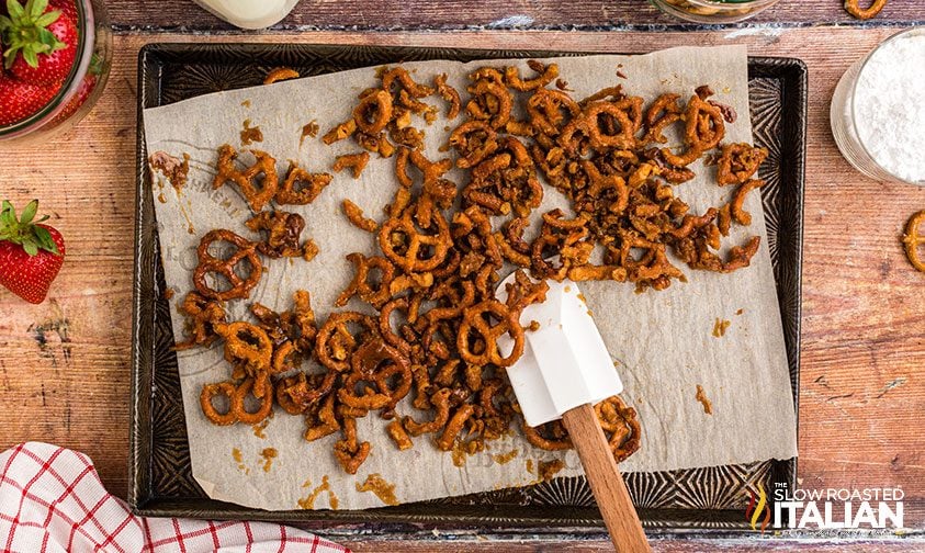 candied pretzels on a baking pan