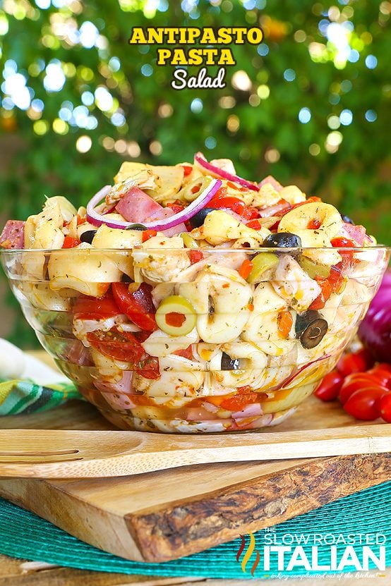 titled (shown in glass bowl) Antipasto Pasta Salad