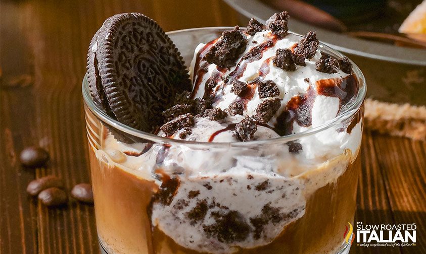 2 ingredient affogato in a glass with chocolate cookies