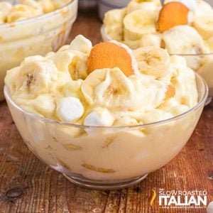 banana pudding cheesecake salad in glass bowl