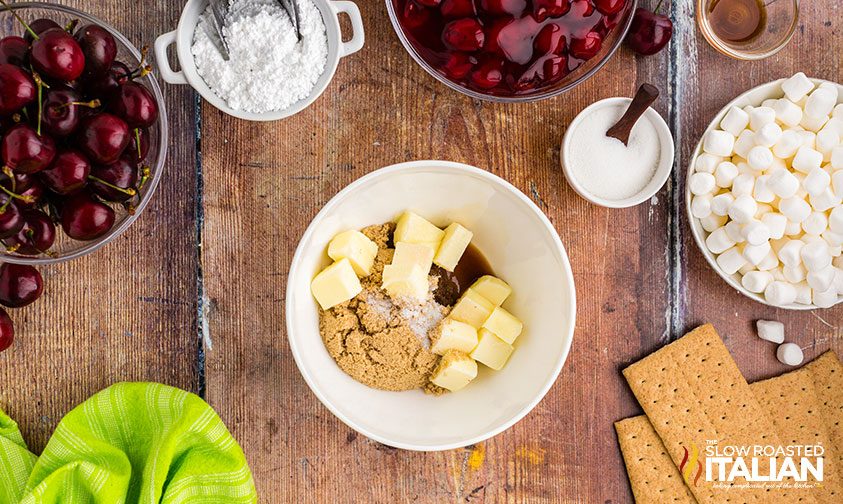 ingredients on counter for cherry pie cheesecake salad