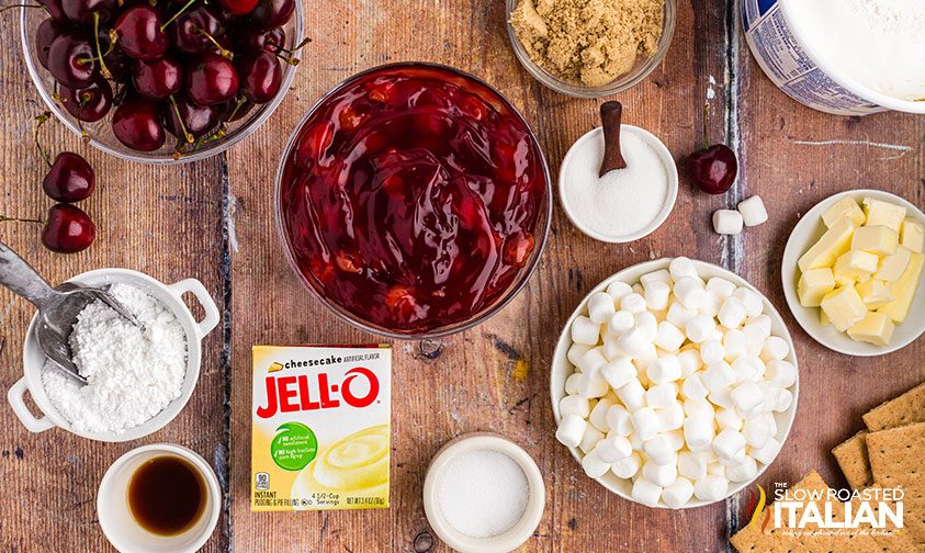 ingredients on counter for cherry cheesecake recipe
