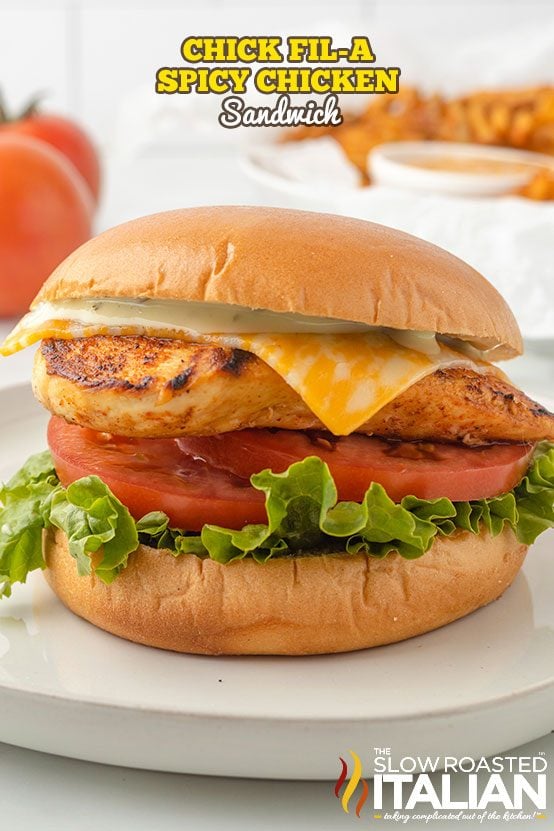 A close up of a chick fil a spicy chicken sandwich on a plate