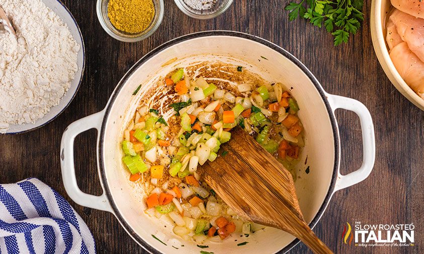 cooking onions, carrots and celery in a dutch oven