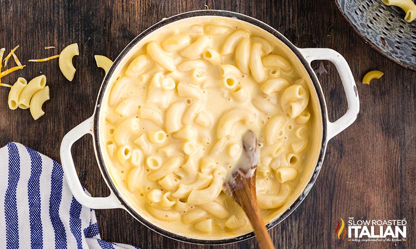 making Cracker Barrel mac and cheese in a white pot