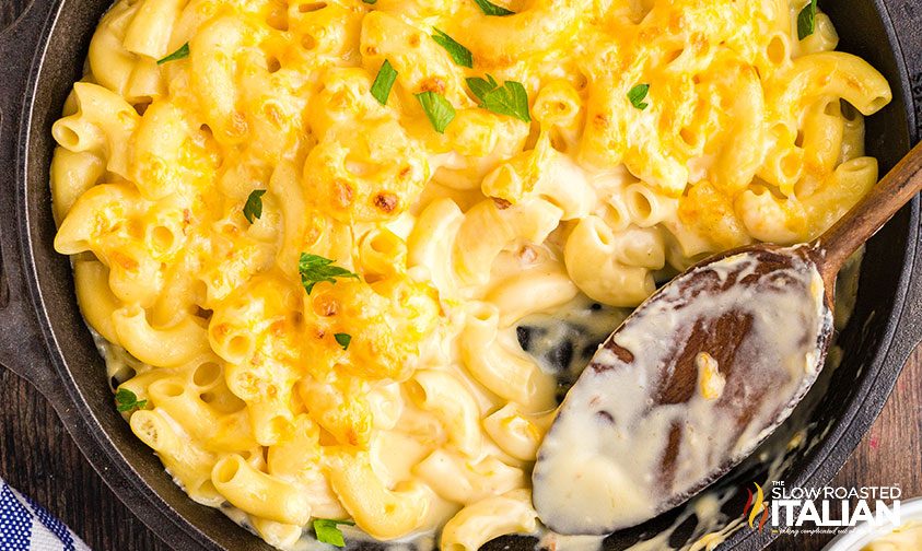 serving Cracker Barrel macaroni and cheese from cast iron pan