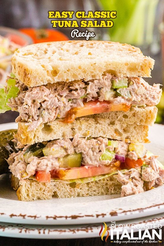 tuna salad sandwich sliced in half and stacked