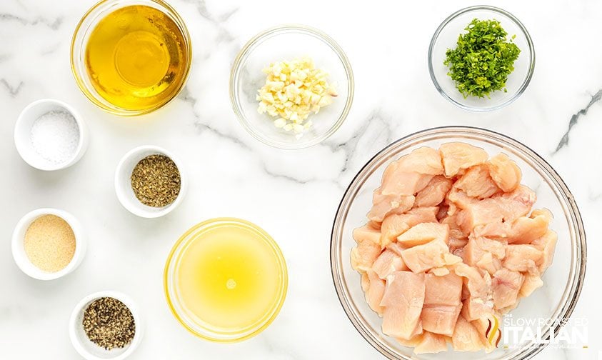 ingredients in bowls on counter for air fryer chicken bites