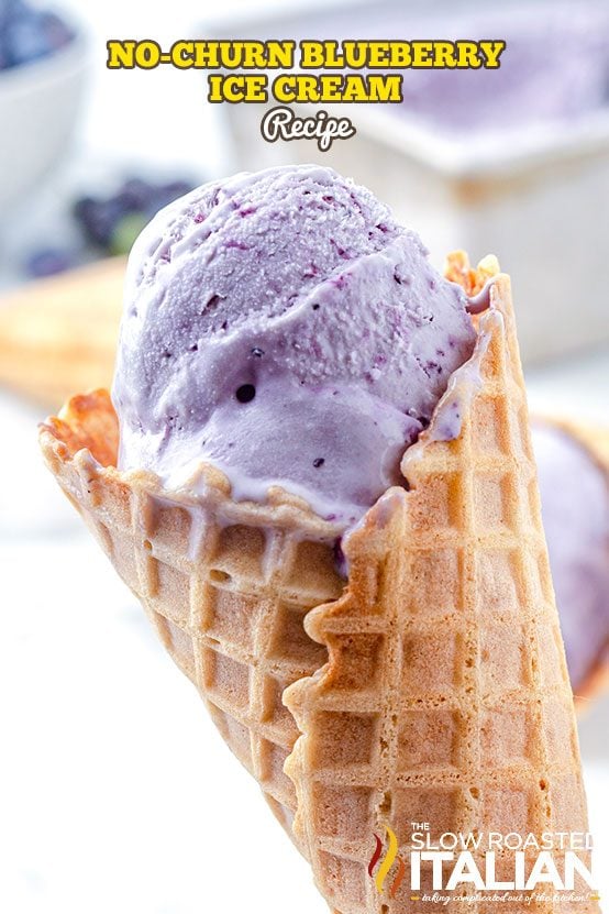 homemade blueberry ice cream in waffle cone