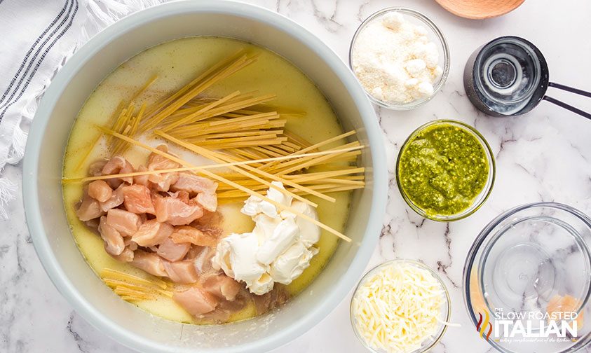 ingredients in pressure cooker for pesto chicken pasta