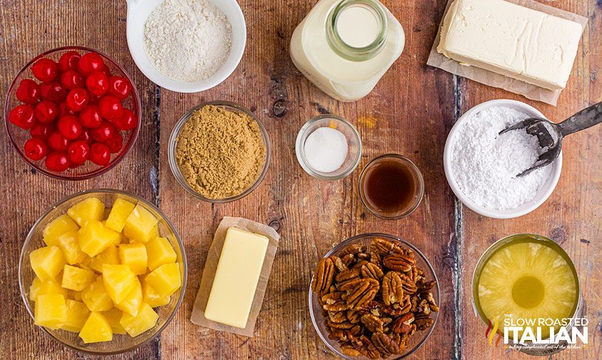 pineapple upside down cheesecake recipe ingredients on counter