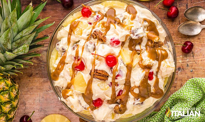 overhead: dessert salad made with canned fruit, cake mix and cream cheese