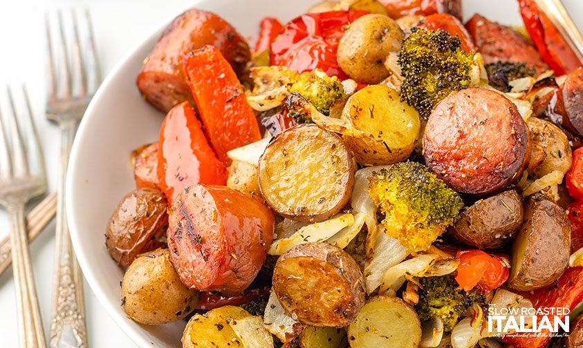 plate of air fryer sausage with potatoes and vegetables