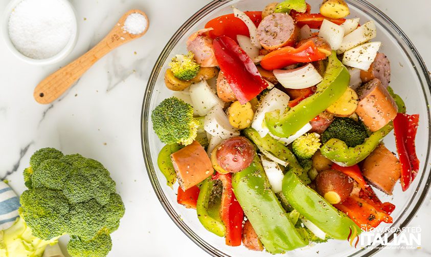 sausage and vegetables ready to cook in air fryer