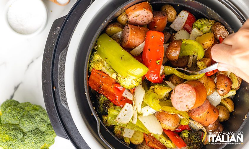 air fryer sausage dinner, close up