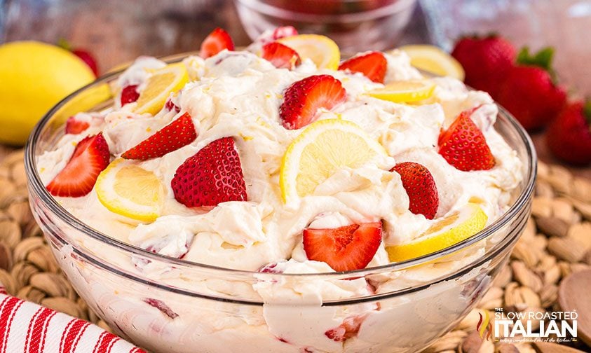 Strawberry Lemonade Cheesecake Salad in a glass bowl