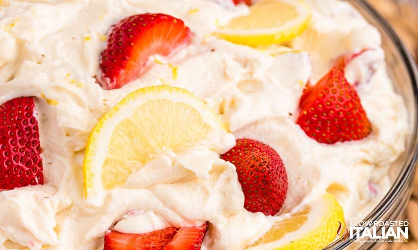 close up of strawberry lemonade cheesecake salad