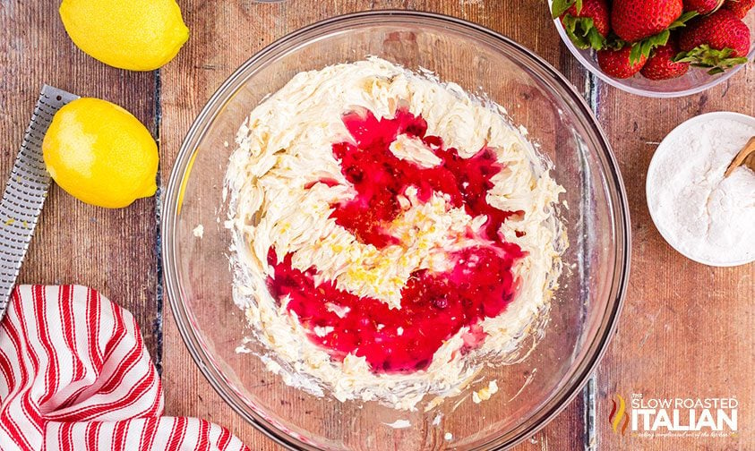 cheesecake mix with strawberries and lemon zest