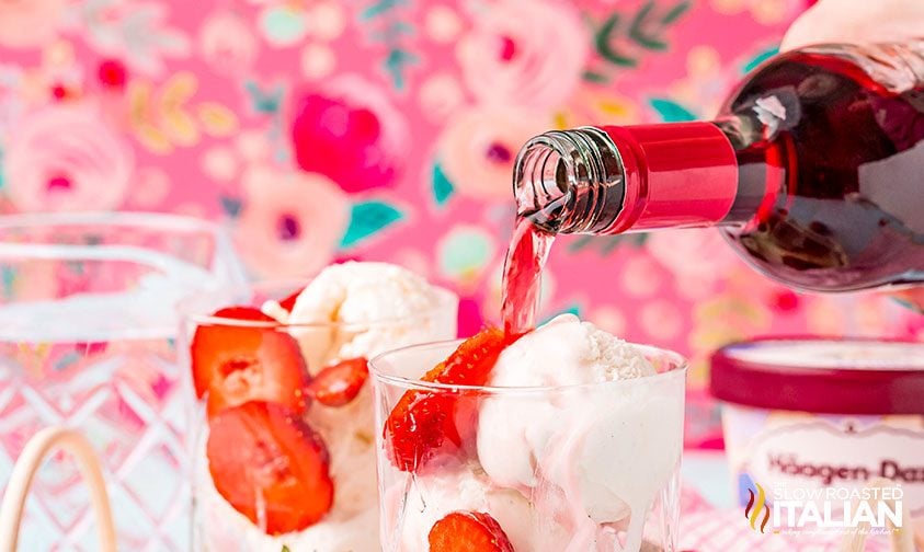 pouring wine in strawberry wine ice cream float