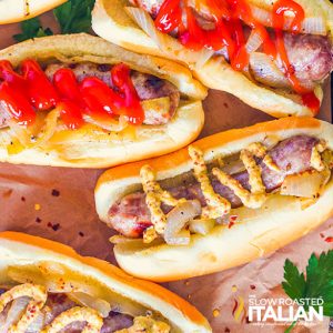 crockpot beer brats with ketchup and mustard