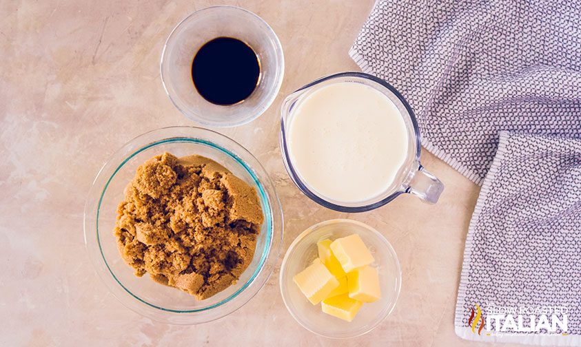 homemade caramel sauce ingredients in bowls on counter