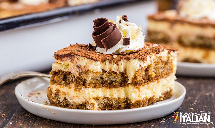 slice of homemade tiramisu on plate, close up