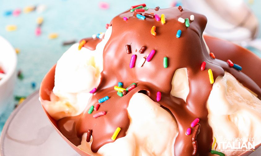 homemade magic shell on vanilla ice cream with sprinkles