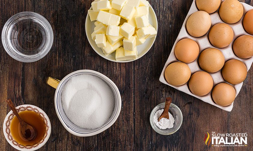 italian meringue buttercream recipe ingredients in bowls on counter