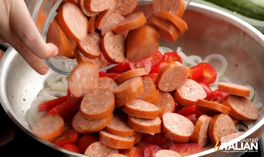 adding italian sausage coins to skillet meal