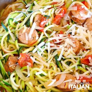 italian zucchini noodles with sausage closeup