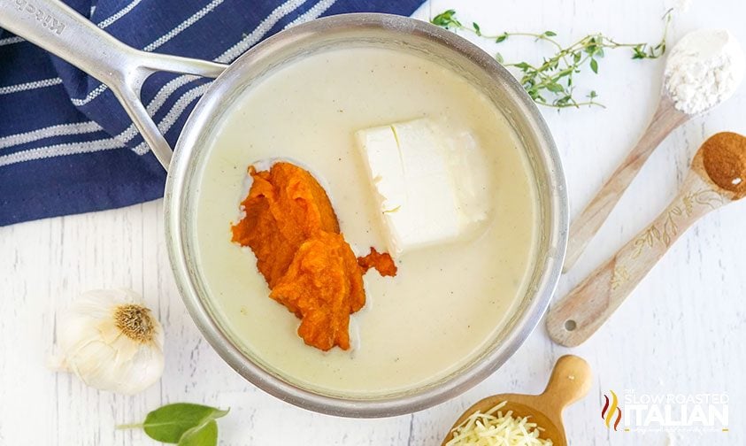 pumpkin pasta sauce ingredients in a saucepan