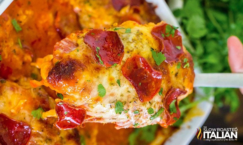 stuffed chicken breast in a casserole dish