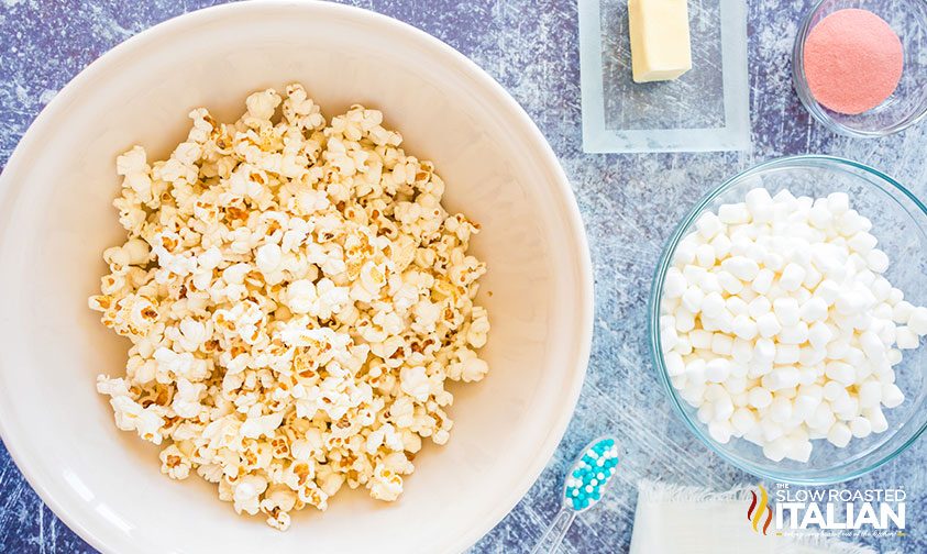 popcorn ball recipe ingredients in bowls on counter