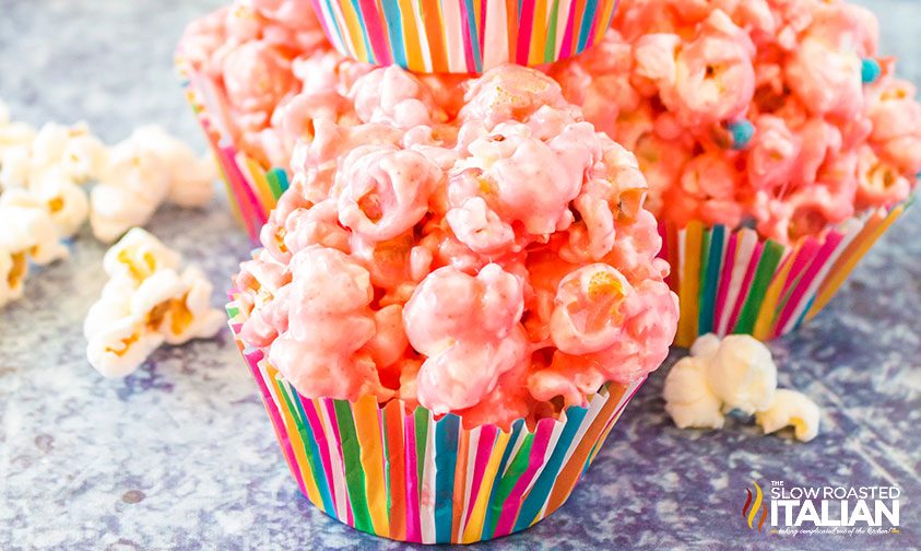 popcorn ball in striped cupcake liner