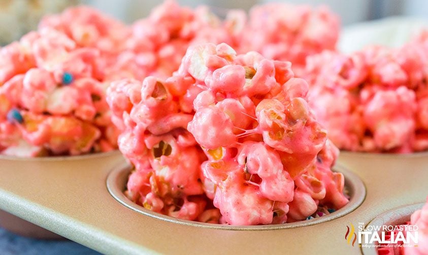 strawberry popcorn balls in muffin tin