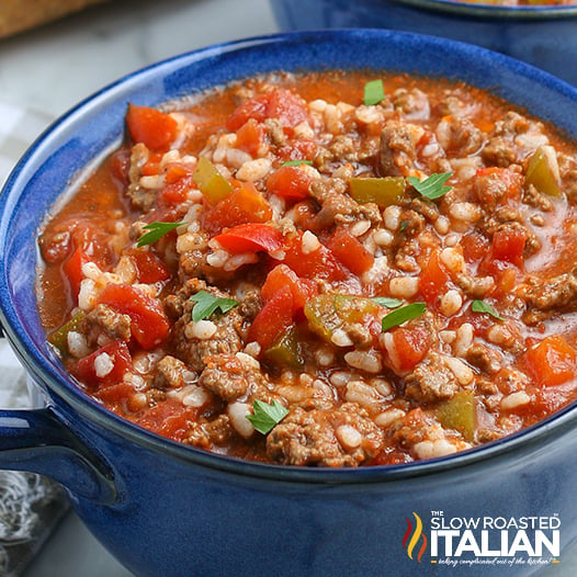 stuffed bell pepper soup in blue bowl