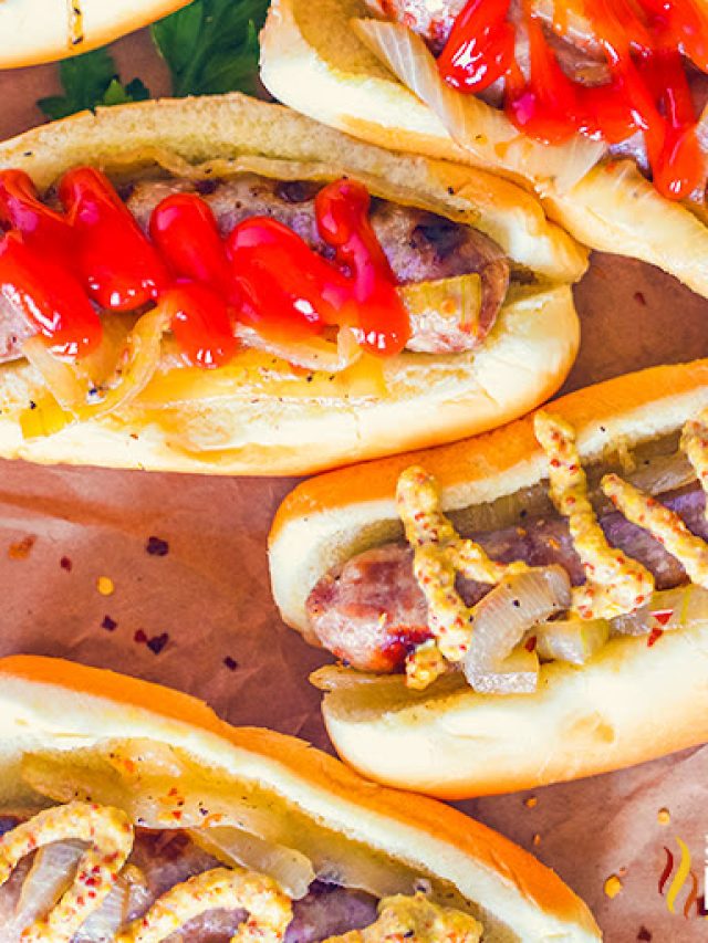 crockpot beer brats with ketchup and mustard