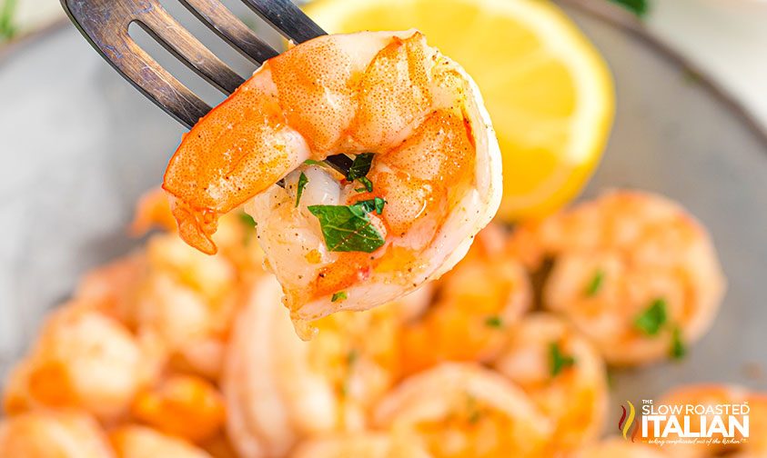 air fryer shrimp on a fork, close up