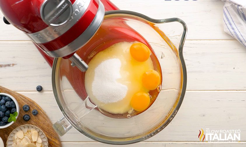 eggs and sugar in bowl of stand mixer