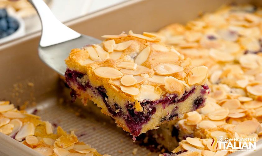 blueberry almond cake in pan