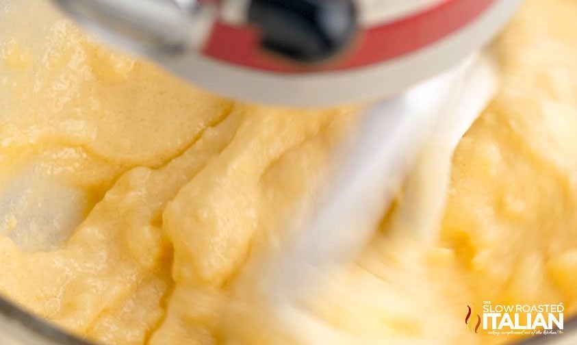 coffee cake batter in stand mixer, close up