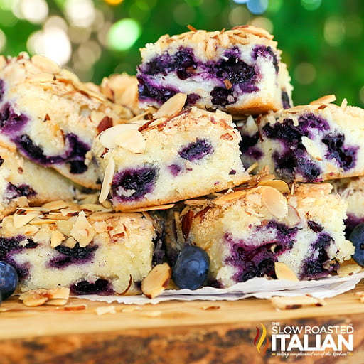 cut pieces of blueberry almond breakfast cake
