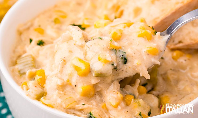 chicken and corn chowder on spoon, close up